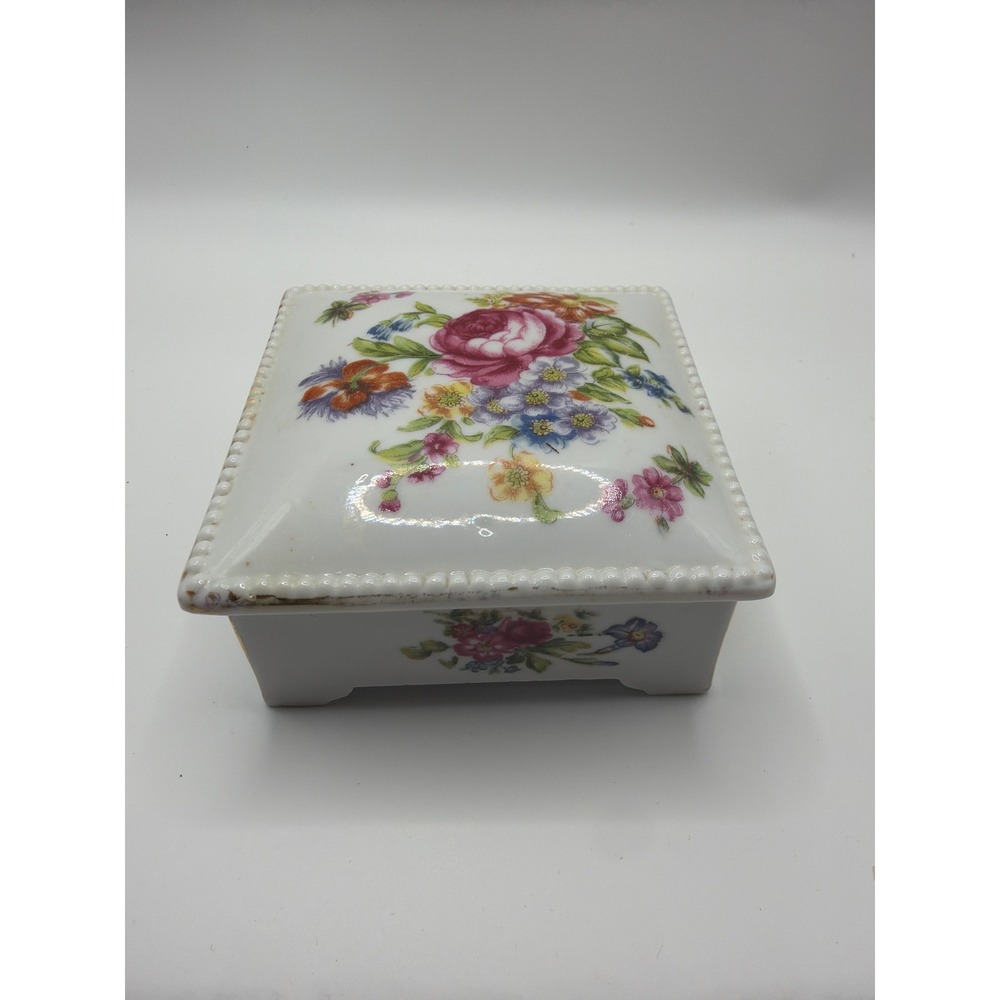 Vintage Nasco Imperial China Floral Porcelain Trinket Box Japan Square Jewelry